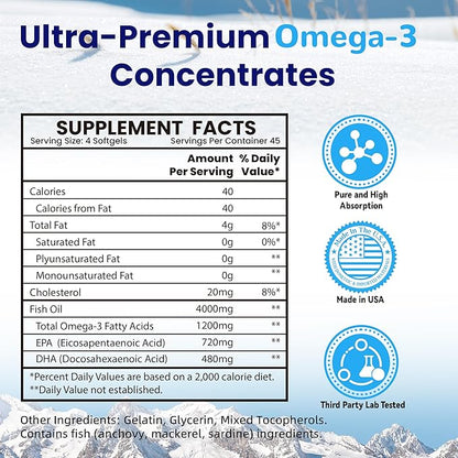 Fish Oil Omega 3 （4000mg）, 180 Softgels，Omega 3 Fatty Acid Supplements with EPA & DHA for Brain & Heart Health*