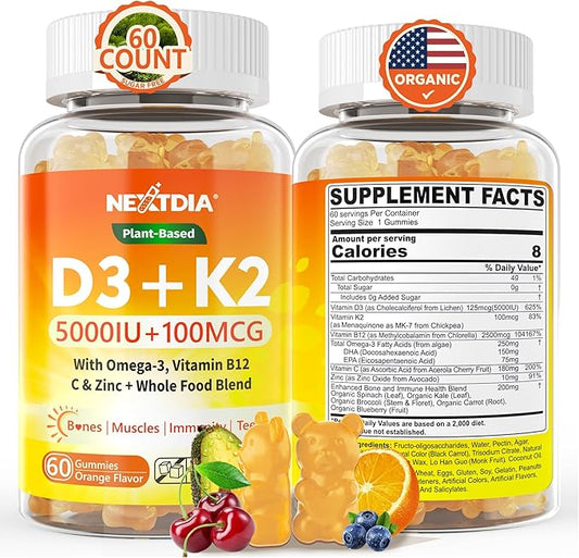 Organic Plant D3 5000 IU + K2(MK-7)100 mcg -5X Absorption Than Standard D3K2, 100% Whole Food Derived Omega-3,Methyl B12,Vitamin C, Zinc,and 5 Organic Vegetables,Supports Bone & Teeth Strength, 1 Pack