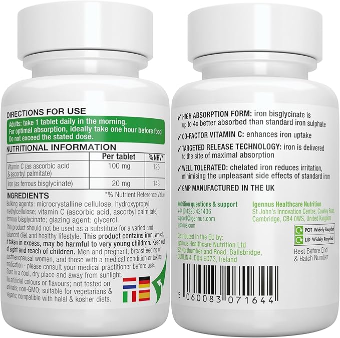 Igennus High Absorption Chelated Iron Bisglycinate 20mg, Vitamin C, 6 Month Supply, Gentle Formula, Clean Label & Targeted Release Ferrous Bisglycinate for Women and Men, One Daily, Vegan, 180 Tablets