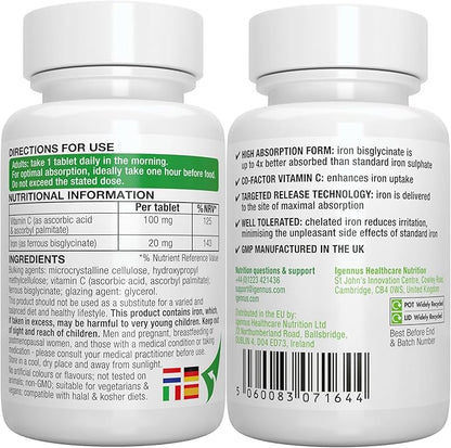 Igennus High Absorption Chelated Iron Bisglycinate 20mg, Vitamin C, 6 Month Supply, Gentle Formula, Clean Label & Targeted Release Ferrous Bisglycinate for Women and Men, One Daily, Vegan, 180 Tablets