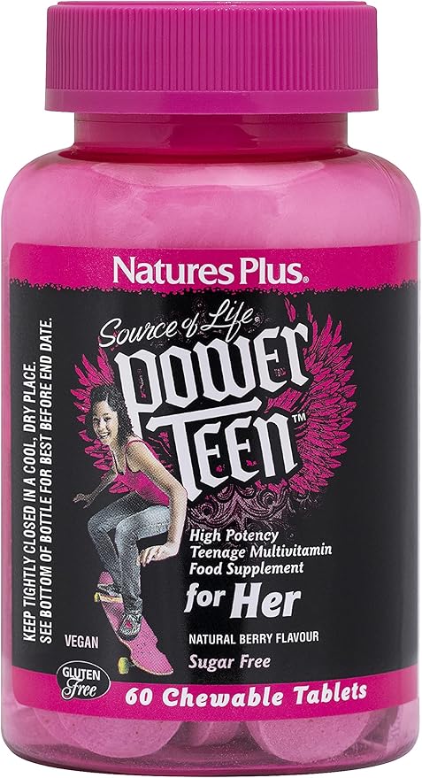Natures Plus Power Teen for Her Chewable - 60 Vegetarian Tablets - Wild Berry - High Potency Multivitamin for Young Women - Hormone-Balancing - Sugar Free, Vegan, Gluten-Free - 30 Servings