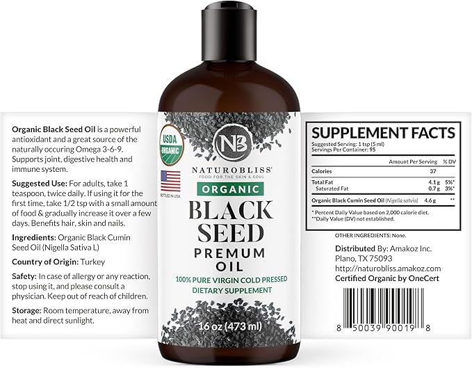 NaturoBliss Organic Black Seed Oil 100 Virgin Cold Pressed Omega 3 6 9 Super Antioxidant for Immune Support, Joints, Mobility, Digestion, Hair Skin Vegan, Gluten-Free, Non-GMO USDA Certified 16oz