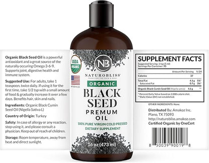NaturoBliss Organic Black Seed Oil 100 Virgin Cold Pressed Omega 3 6 9 Super Antioxidant for Immune Support, Joints, Mobility, Digestion, Hair Skin Vegan, Gluten-Free, Non-GMO USDA Certified 16oz