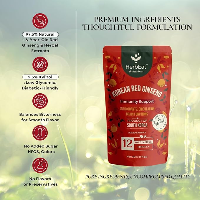 Korean Red Ginseng Prime Extract with 11mg Ginsenosides - Boost Energy, Memory & Immunity, 6-Year-Old Ginseng Drink for Circulation & Skin -30 Pouches (30mL *30)