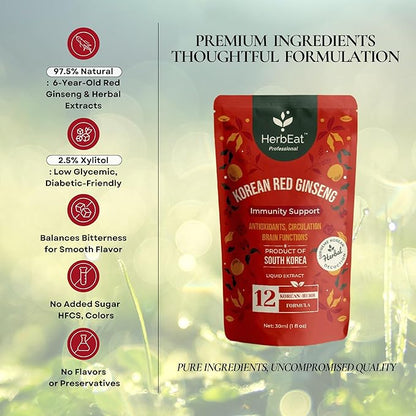 Korean Red Ginseng Prime Extract with 11mg Ginsenosides - Boost Energy, Memory & Immunity, 6-Year-Old Ginseng Drink for Circulation & Skin -30 Pouches (30mL *30)