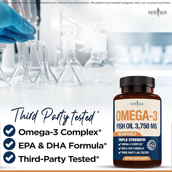 Triple Strength Omega 3 Fish Oil 3750 mg - EPA & DHA - Over 3000mg Omega-3 Fatty Acids - 1350mg EPA + 900mg DHA - Best Essential Fatty Acids, Burpless Fish Oil - 90 Count