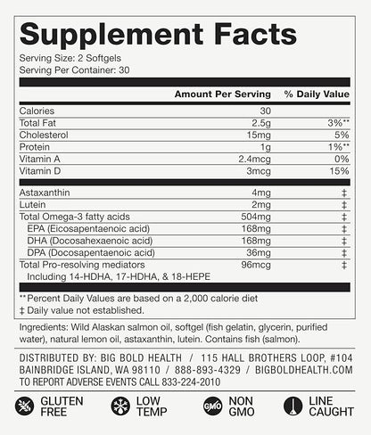 Skin & Eye Health | Wild Alaskan Salmon Oil with Astaxanthin | Lutein | Pro-Resolving Mediators | Vitamins A&D | Gluten-Free | 60 Softgels