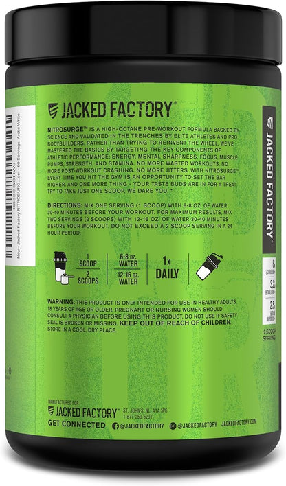 Jacked Factory NITROSURGE Pre Workout Supplement - Endless Energy, Instant Strength Gains, Clear Focus, Intense Pumps - Nitric Oxide Booster & Preworkout Energy Powder - 60 Servings, Arctic White