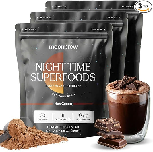 MoonBrew Nighttime Magnesium Hot Cocoa, Natural Sleep Aid Drink Mix for Adults - Calming Melatonin-Free Sleep Support - Sleepy Hot Chocolate Powder with L-Theanine, Chamomile & Zinc Glycinate - 3-Pack