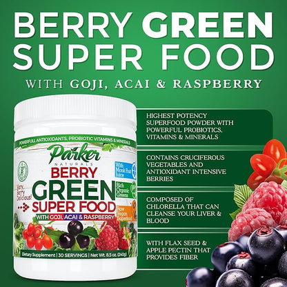 Berry Greens Superfood Powder, Organic Green Powder with Enzymes, Probiotics, Antioxidants, and Vitamins, Vegan Green Juice Mix, 240 Grams