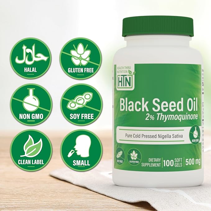 Health Thru Nutrition Black Seed Oil 500mg 100 Softgels | High Potency 2% Thymoquinone | 3rd Party Tested | Pure Cold Pressed | Organically Gown | Non-GMO, Gluten Free, Soy Free