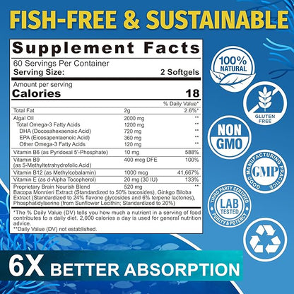 Fish Oil Alternative 1200mg, Omega-3 Supplement for Women Men, Vegan Algae Oil Science Backed 2:1 Ratio DHA 720mg EPA 360mg, Plant Based Omega-3 Softgels for Brain Eye Immunity, No Fish Taste, 120Cts