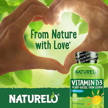 NATURELO Vitamin D - 2500 IU - Plant Based from Lichen - Natural D3 Supplement for Immune System, Bone Support, Joint Health - Vegan - Non-GMO - Gluten Free - 180 Capsules