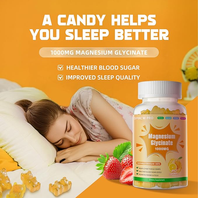 Magnesium Glycinate Gummies 1000mg - Sugar Free Magnesium Potassium Supplement with Vitamin D, B6, CoQ10 for Calm Mood & Sleep Support - 120 Orange Gummies