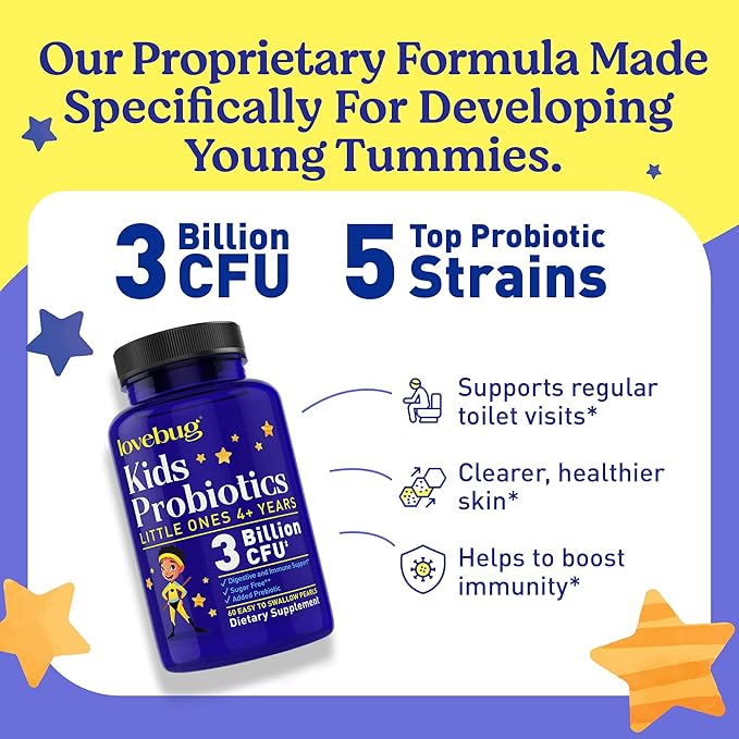 lovebug PROBIOTICS for Kids | Multi-Strain 3 Billion CFU | Constipation & Stomach Discomfort | Sugar Free | Ages 6+