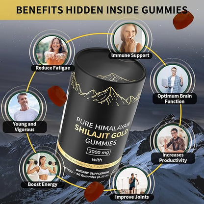 Shilajit Gummies, Pure Himalayan Shilajit Gummies Gold, No Added Sugar Non-GMO 100% Natural & Organic, Ashwagandha, Gokshura| Fulvic Acid & 85+ Trace Minerals for Men, Women | 60 Gummy