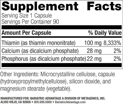 Bariatric Advantage Vitamin B1 thiamin - 100 mg Thiamin Mononitrate - Easy Digest - Designed for Bariatric Patients - Supports Energy Production* - Bariatric Supplement - 90 Count