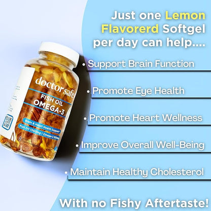 Omega 3 Fish Oil Supplement - High Strength Lemon Scented Fish Oil Pills, 1360mg EPA DHA for Heart, Brain & Immune Support Omega 3 Fatty Acid Supplements - 30 Servings