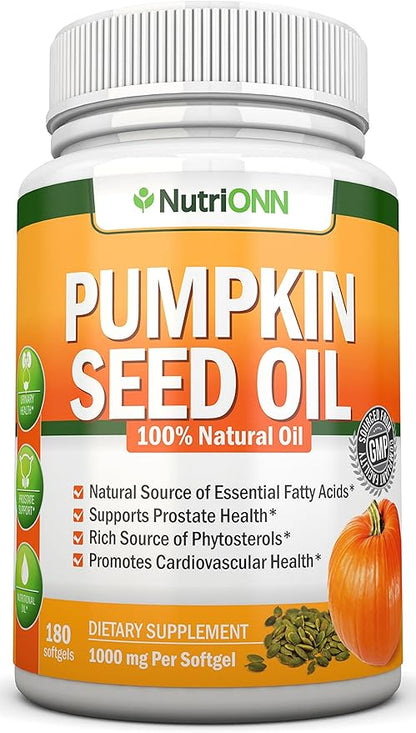 Pumpkin Seed Oil - 1000MG - 180 Softgels - Cold-Pressed Natural Pumpkin Seed Oil - Natural Source of Essential Fatty Acids - Great for Hair Growth, Prostate Health and GI Tract