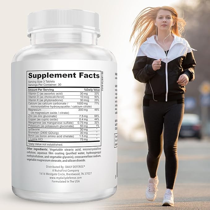 Calcium Supplements for Women & Men - Daily Defense Bone Support Formula with Calcium 1000mg, Magnesium, L-Lysine HCl, & More - for Better Flexibility & Mobility - 90 Easy to Swallow Calcium Tablets