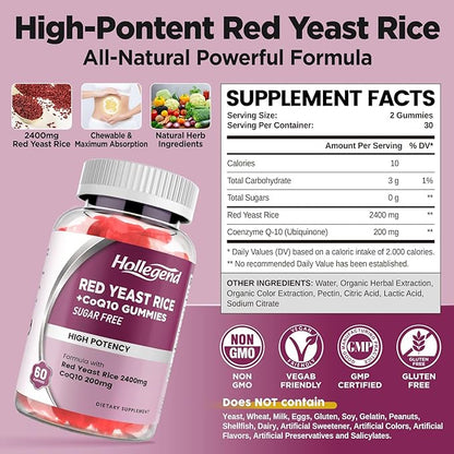 Red Yeast Rice with Coq10 Gummies Sugar Free, Organic Red Yeast Rice 2400mg for Cholesterol Lowering Supplements, Enhanced with Coenzyme Q10 200mg for Heart Health Support, 60 Counts