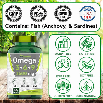 Triple Omega 3◆ 6◆ 9: 3600mg x 120 Softgels | Omega Essential Fatty Acids from Fish Oil (EPA & DHA), Flaxseed Oil (ALA & LA), & Olive Oil (OA) | Omega 3-6-9 Supplement for Women & Men | Non-GMO
