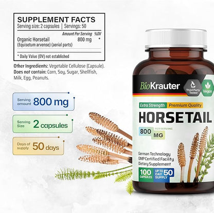BIO KRAUTER Horsetail Herb Capsules - 800 mg Strength - 100 Count - Horsetail Powder Capsules - Hair Support