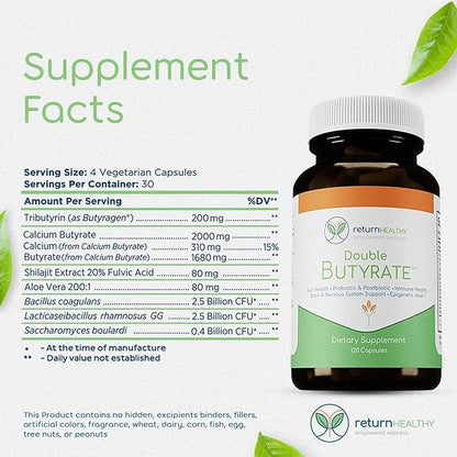 Double Butyrate Gut Health Supplement|Probiotic & Postbiotic Digestive Supplements for Gut Support|Enhances Immune, Brain, & Nervous System Function|Odor-Free Formula | 120 caps, 3 Pack