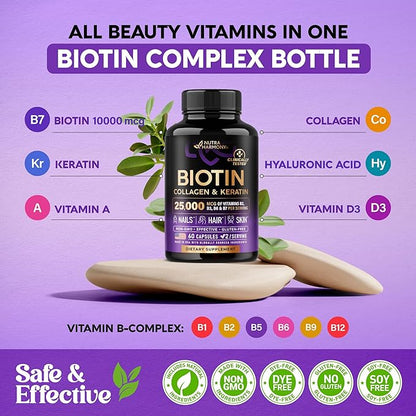 Biotin | Collagen | Keratin - Clinically Tested Supplement - Hair Growth Support, Skin & Nails - 25000 mcg Vitamins B2, B3, B6 & B7 + B1 & Hyaluronic Acid - Made in USA - Women & Men | 60 Capsules