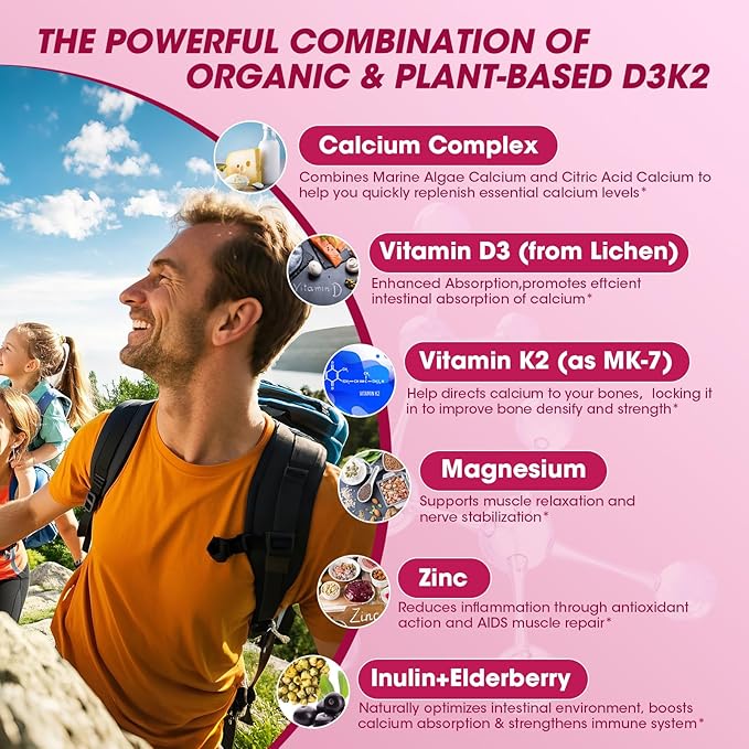 Vitamin D3 10000 IU + K2 (MK7) 200mcg w/Calcium Magnesium Zinc Elderberry & Inulin-Highly Bioavailable-Enhanced Absorption for Immune & Bone Support- K2 D3 Vitamin Supplement-Vegan Gummies