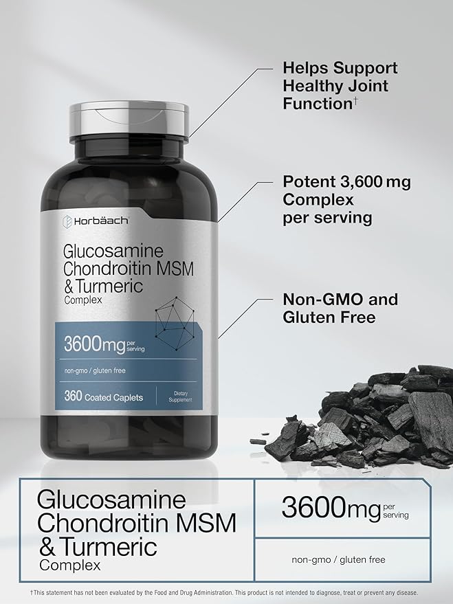 Horbäach Glucosamine Chondroitin MSM | 3600 mg | 360 Caplets | Advanced Formula with Turmeric | Non-GMO, Gluten Free