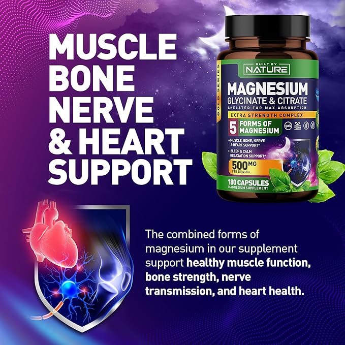 Magnesium Complex 500mg - 5 Forms of Magnesium Glycinate, Citrate, Malate, Oxide & Aquamin with 72 Trace Minerals - Chelated for Absorption - Supplement for Muscle, Nerve, Heart & Sleep (180 Capsules)