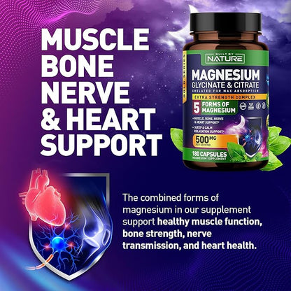Magnesium Complex 500mg - 5 Forms of Magnesium Glycinate, Citrate, Malate, Oxide & Aquamin with 72 Trace Minerals - Chelated for Absorption - Supplement for Muscle, Nerve, Heart & Sleep (180 Capsules)