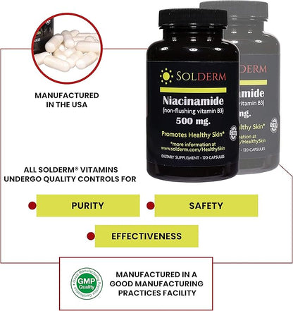 Niacinamide Non-Flushing Vitamin B3 Supplement | Vegetarian and Gluten-Free Vitamin Niacinamide Tablets with Vegetable Cellulose Casings | Promotes Healthy Skin | 120 Capsules | 500mg