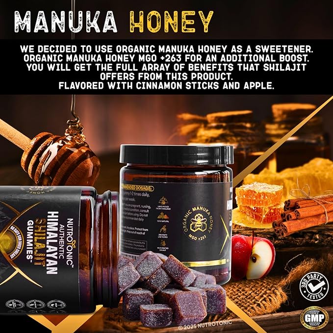 NutroTonic® Organic SHILAJIT Gummies | Apple Cinnamon Flavor | No Added Sugar, Sweetened by Manuka Honey | Clean Formula | Natual Source of Urolithin | Heart, Brain, Cellular Health | 30 Gummies