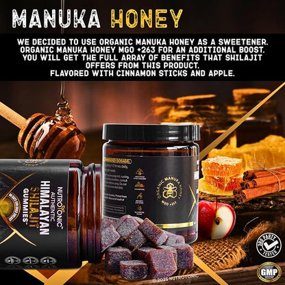 NutroTonic® Organic SHILAJIT Gummies | Apple Cinnamon Flavor | No Added Sugar, Sweetened by Manuka Honey | Clean Formula | Natual Source of Urolithin | Heart, Brain, Cellular Health | 30 Gummies