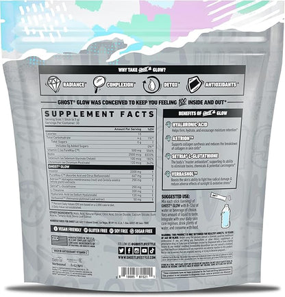 GHOST Glow Sticks: Beauty and Detox Supplement - 30 On-The-Go Stick Packs, Pina Colada - Hyaluronic Acid, Biotin & L-Theanine for Skin-Boosting Support – Sugar Free, Gluten Free