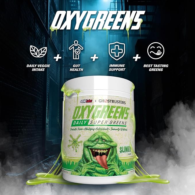 EHP Labs x Ghostbusters OxyGreens Super Greens Powder - Spirulina & Chlorella Superfood, Green Juice Powder with Prebiotic Fibre, Antioxidants & Immunity Support, 30 Serves (Slimer Lime)
