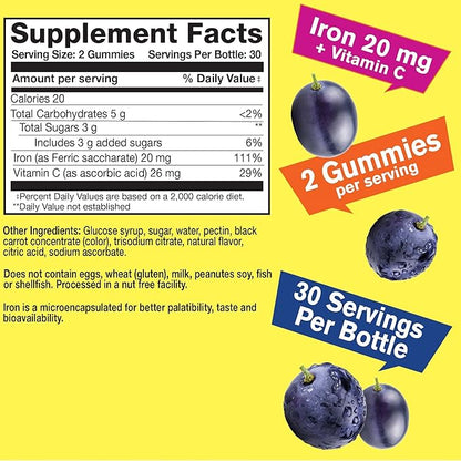 Iron Gummies with Vitamin C -Anemia and Cellular Energy Support, Promotes Red Blood Cell Formation - Energy & Immune System Support -Natural Grape Flavor-60 Gummies