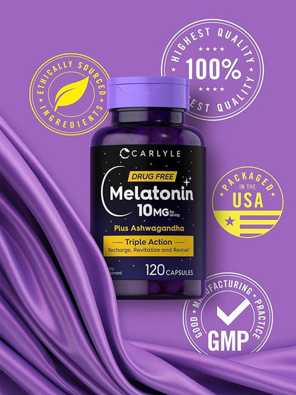 Carlyle Melatonin 10mg | 120 Capsules | with Ashwagandha | Triple Strength Formula | Non-GMO, Gluten Free Supplement