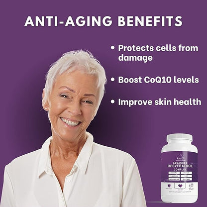Advanced Resveratrol Complex – 1400mg Antioxidant Supplement with CoQ10, L-Glutathione, Alpha Lipoic Acid, Green Tea, Olive Leaf, and Black Pepper – 120 Vegan Capsules – Non-GMO, Made in USA