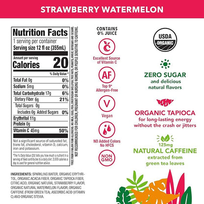OCA ZERO Strawberry Watermelon, Organic energy drink, zero sugar, gluten-free, vegan plant-based, 12 Fl Oz (12-pack)