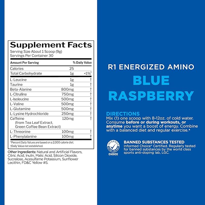 Rule 1 Energized Amino – Anytime Energy and Recovery Support with BCAAs, Glutamine, Citrulline, Beta Alanine, and Caffeine from Green Coffee and Tea Leaf Extracts (Blue Raspberry, 30 Servings)