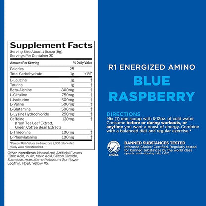 Rule 1 Energized Amino – Anytime Energy and Recovery Support with BCAAs, Glutamine, Citrulline, Beta Alanine, and Caffeine from Green Coffee and Tea Leaf Extracts (Blue Raspberry, 30 Servings)
