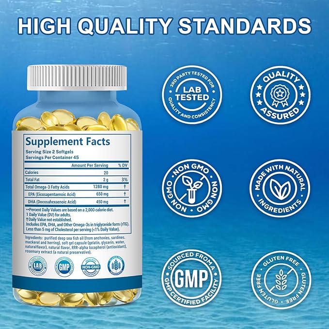 Omega 3 Fish Oil Supplements, 1280 mg Omega-3 Fatty Acids Including EPA and DHA, Wild-Caught Burpless Fish Oil Supplements Supports Heart, Brain and Eye Health, 90 Softgels