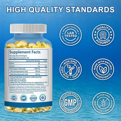Omega 3 Fish Oil Supplements, 1280 mg Omega-3 Fatty Acids Including EPA and DHA, Wild-Caught Burpless Fish Oil Supplements Supports Heart, Brain and Eye Health, 90 Softgels