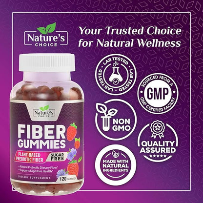 Sugar Free Fiber Gummies for Adults, Daily Prebiotic Natural Soluble Fiber Supplement & Digestive Health Support - Regularity & Digestion Health Support, Plant Based Berry Flavor - 120 Gummies
