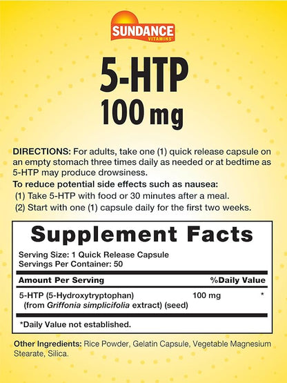 Sundance 5-HTP 100mg | 50 Capsules | 5 Hydroxtryptophan | Non-GMO & Gluten Free Supplement