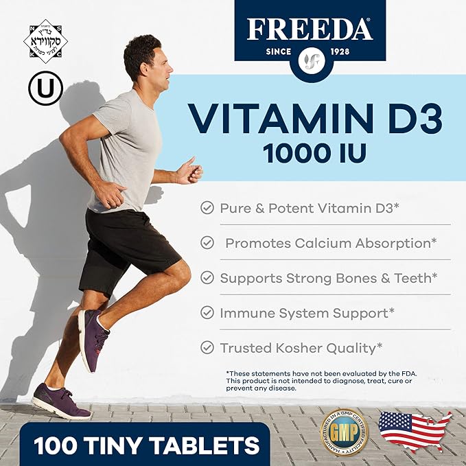 FREEDA Vitamin D3-1000 IU - Pure High Potency Kosher Supplement Tablets - Bone and Muscle Health, Calcium Absorption, Immune Support for Men and Women* - 100 Count