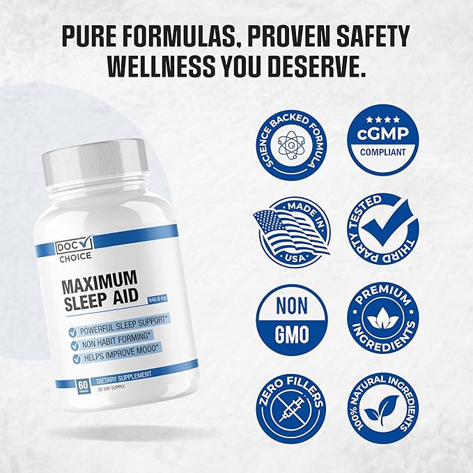 Maximum Sleep Aid | Highly Dosed Non-Habit Forming Sleep Aid for Adults | Mood, Sleep, Restfulness Support | 18 Research Backed Ingredients | Melatonin, Magnesium, GABA, Ashwagandha & More - 60 Caps